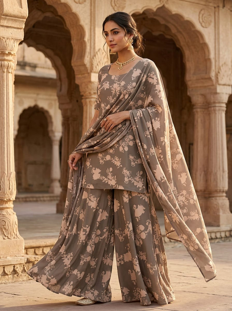Brown Two-Tone Floral Silhouette Weightless Digital Printed Fabric