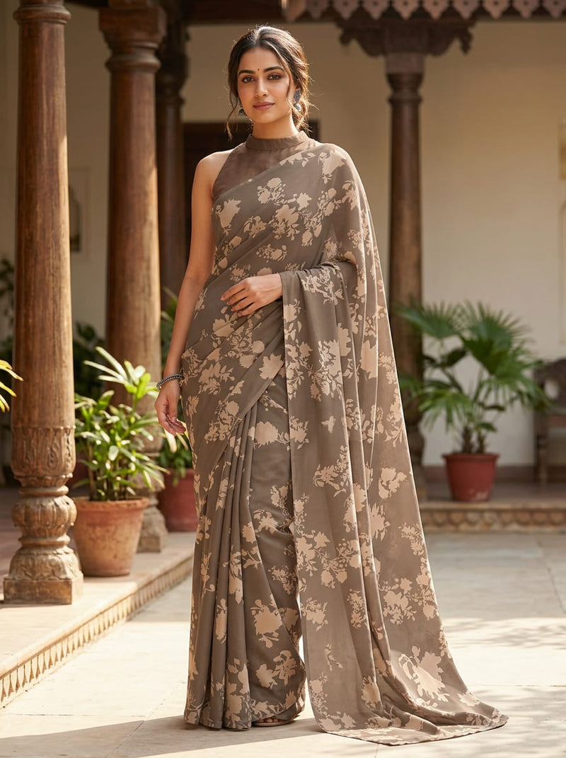Brown Two-Tone Floral Silhouette Weightless Digital Printed Fabric