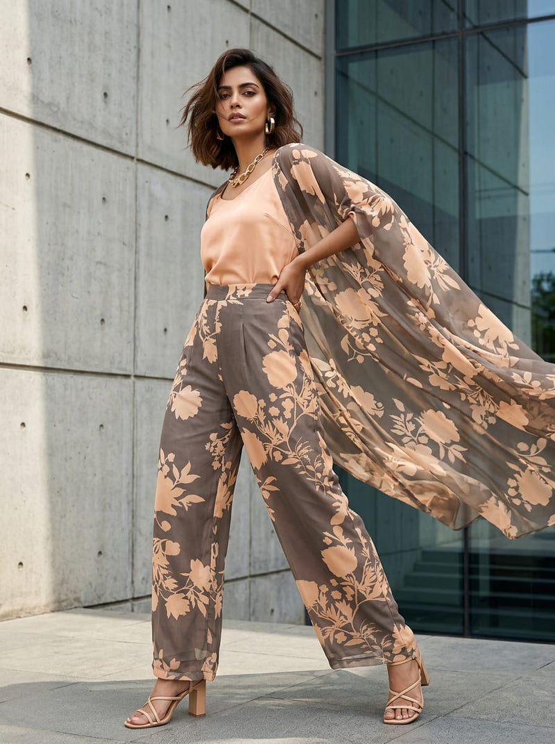 Brown Tonal Floral Silhouette Print Pure Georgette Digital Printed Fabric