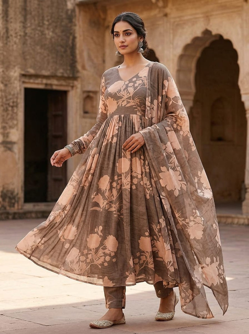 Brown Tonal Floral Silhouette Print Pure Georgette Digital Printed Fabric