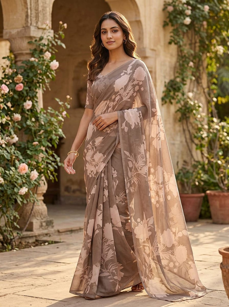 Brown Tonal Floral Silhouette Print Pure Georgette Digital Printed Fabric