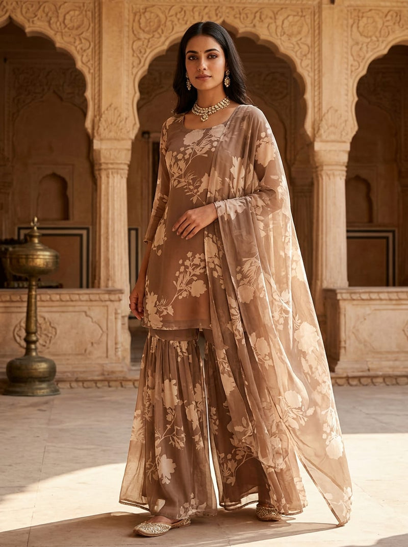 Brown Tonal Floral Silhouette Print Pure Georgette Digital Printed Fabric