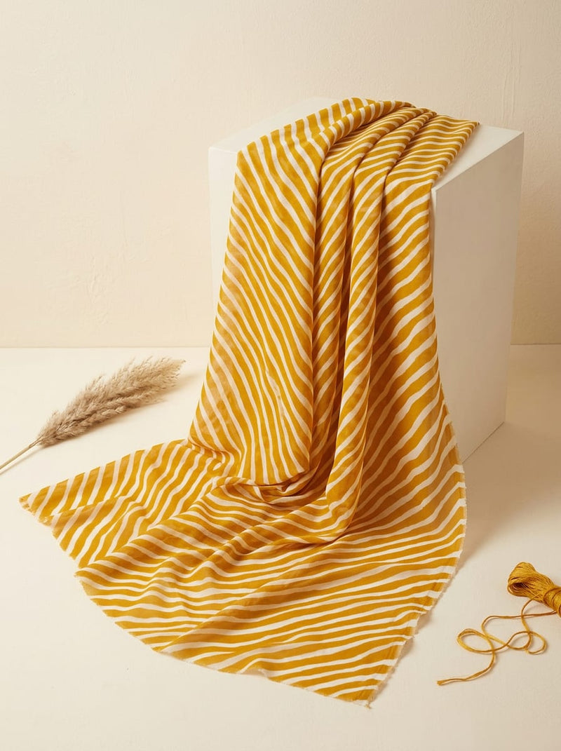 Yellow Wavy Diagonal Stripes Pure Georgette Digital Printed Fabric