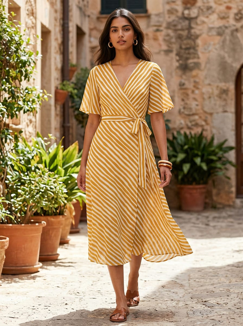 Yellow Wavy Diagonal Stripes Pure Georgette Digital Printed Fabric