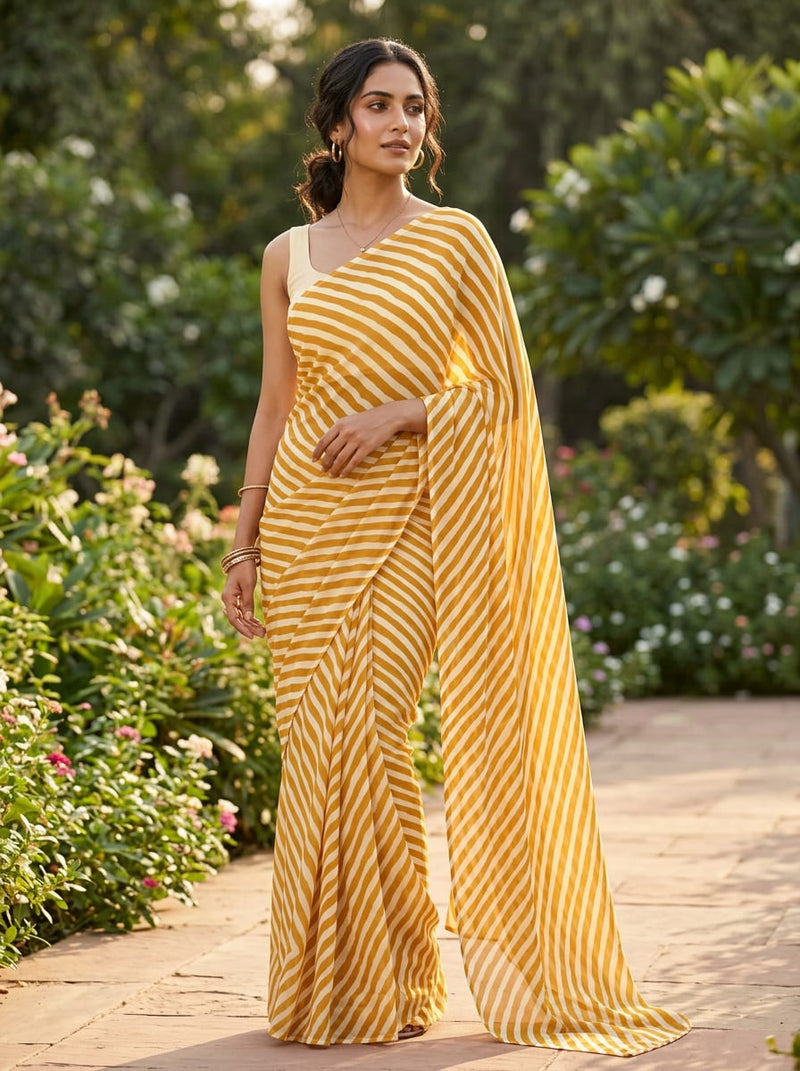 Yellow Wavy Diagonal Stripes Pure Georgette Digital Printed Fabric