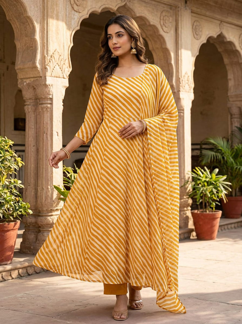 Yellow Wavy Diagonal Stripes Pure Georgette Digital Printed Fabric
