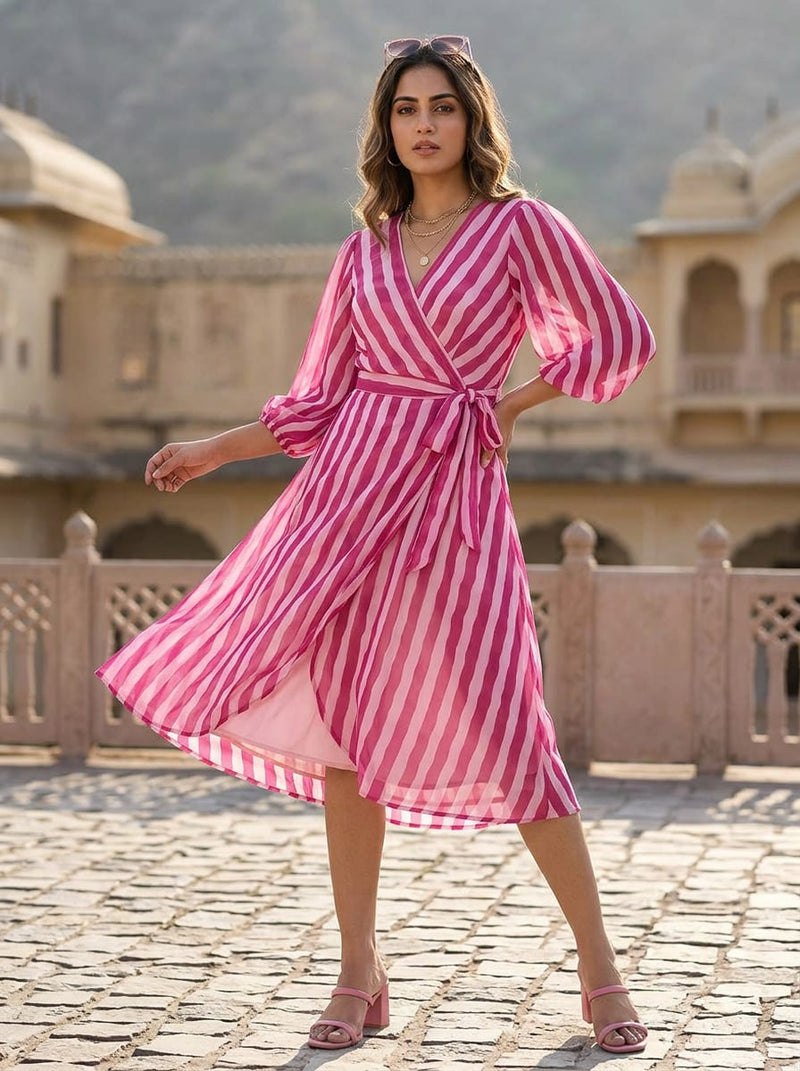 Pink Wavy Striped Weightless Digital Printed Fabric