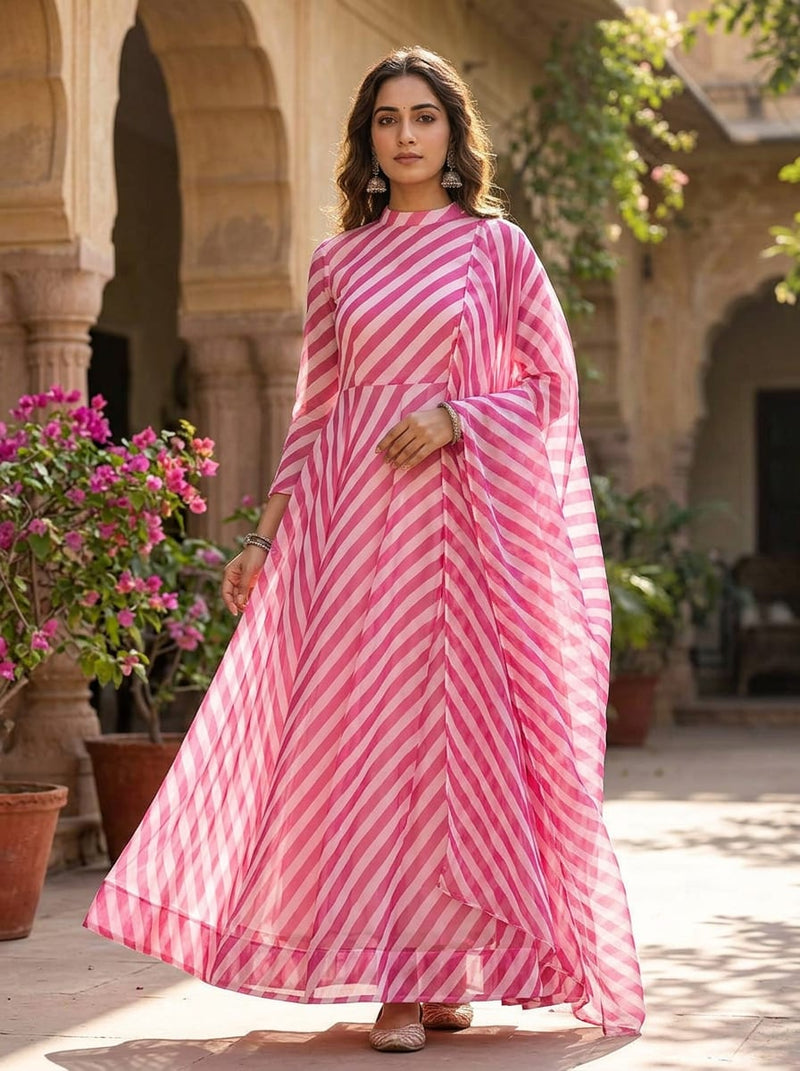 Pink Wavy Striped Weightless Digital Printed Fabric