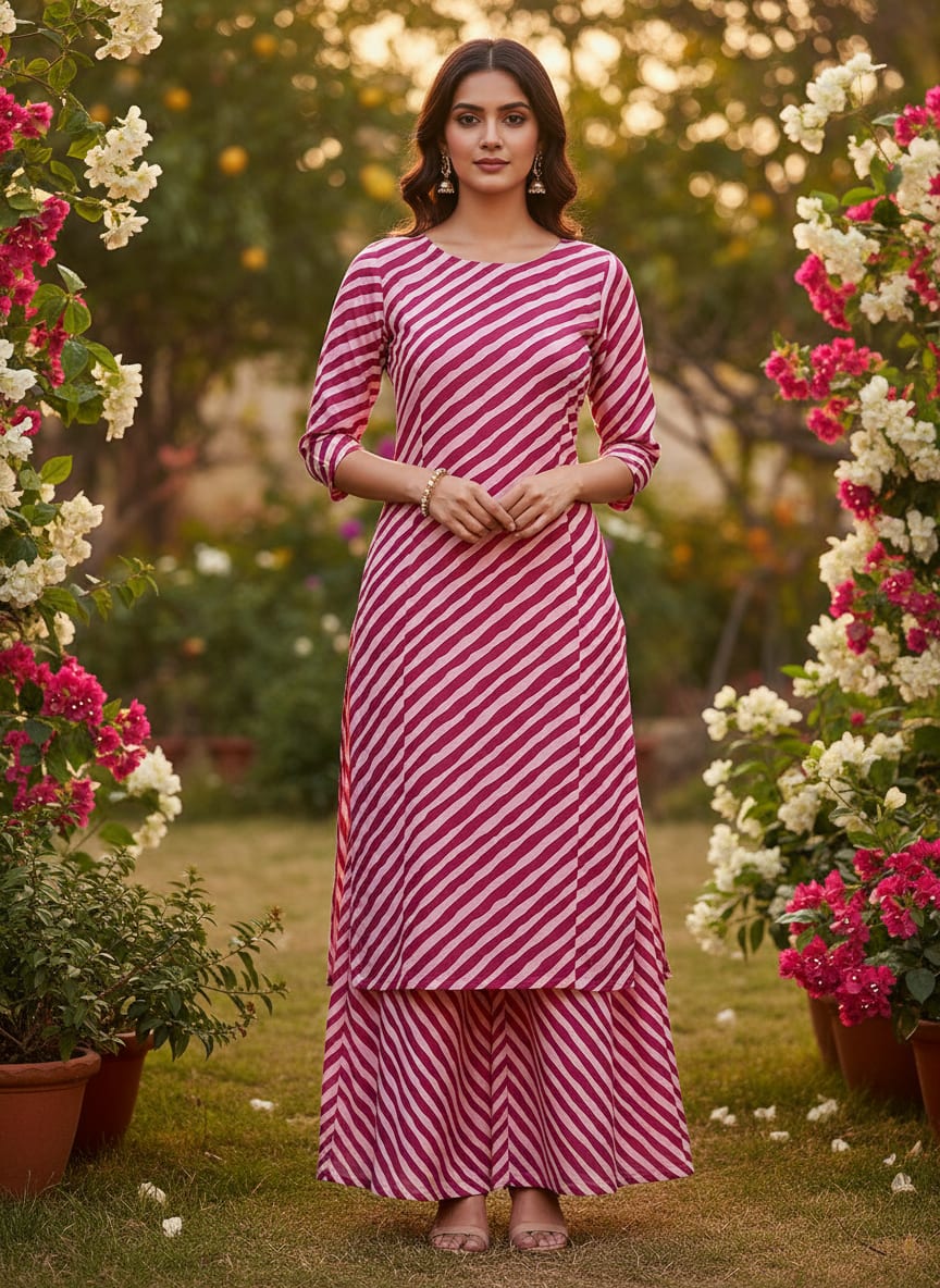 Pink Breton Stripes Pattern Digital Printed Fabric - Muslin