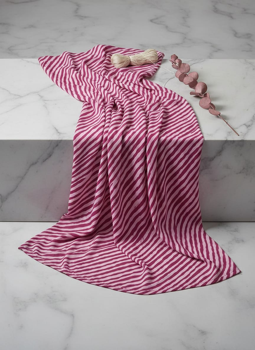 Pink Wiggly Diagonal Stripes Muslin Digital Printed Fabric