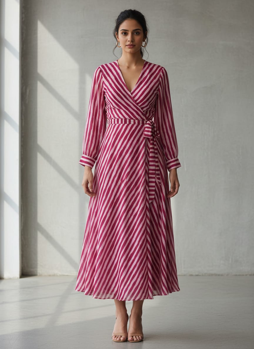 Pink Breton Stripes Pattern Digital Printed Fabric - Pure Georgette