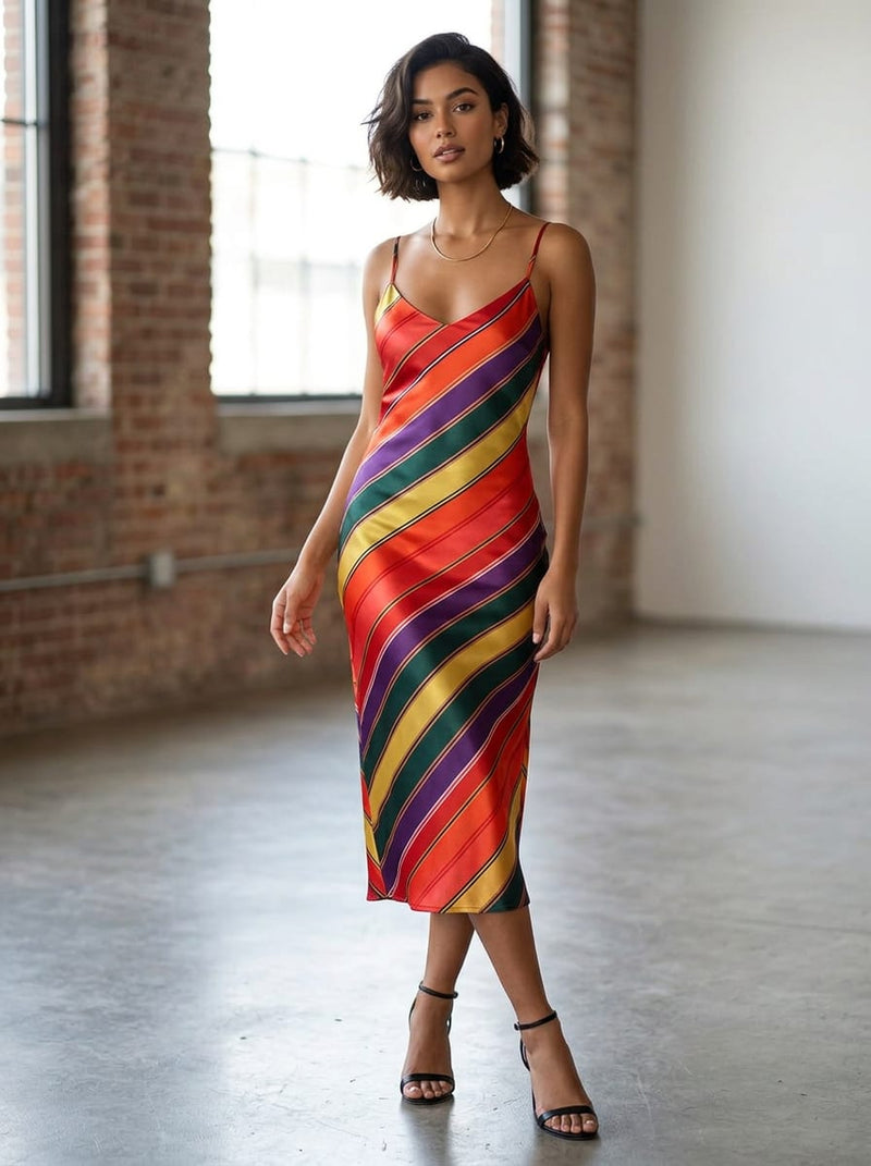 Multicolor Bold Vertical Stripes Japan Satin Digital Printed Fabric