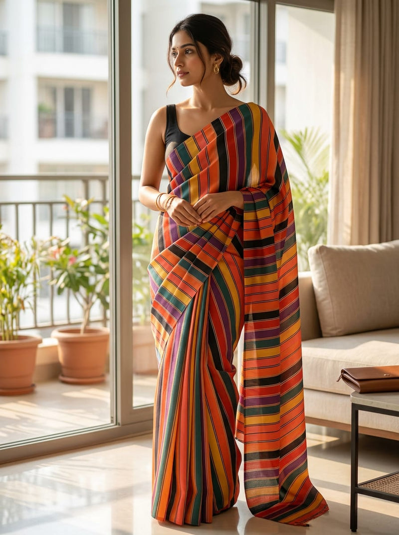 Multicolor Vibrant Multicolor Stripes Tusser Silk Digital Printed Fabric