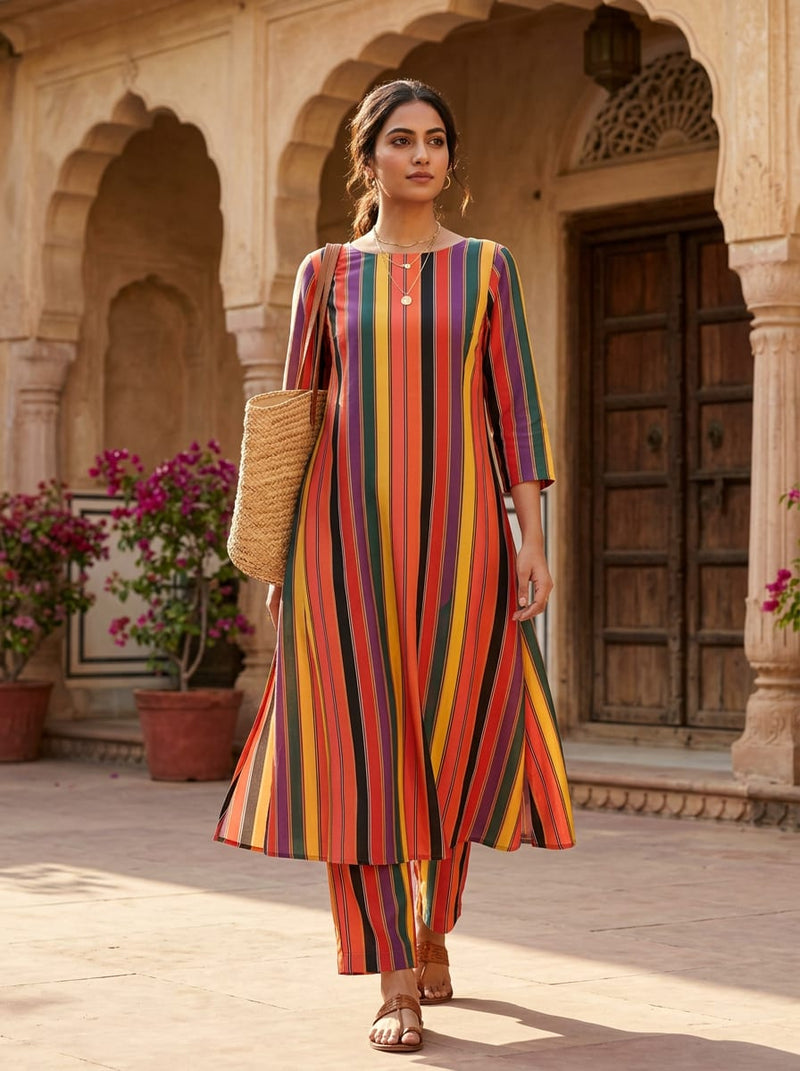 Multicolor Vibrant Multicolor Stripes Tusser Silk Digital Printed Fabric