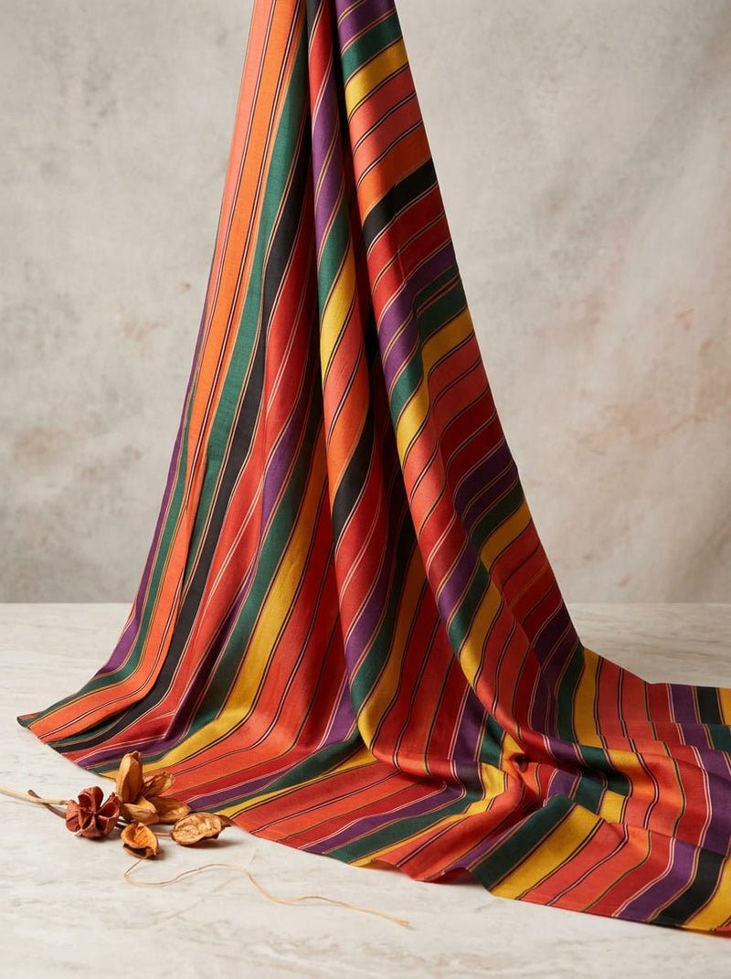 Multicolor Vibrant Multicolor Stripes Tusser Silk Digital Printed Fabric