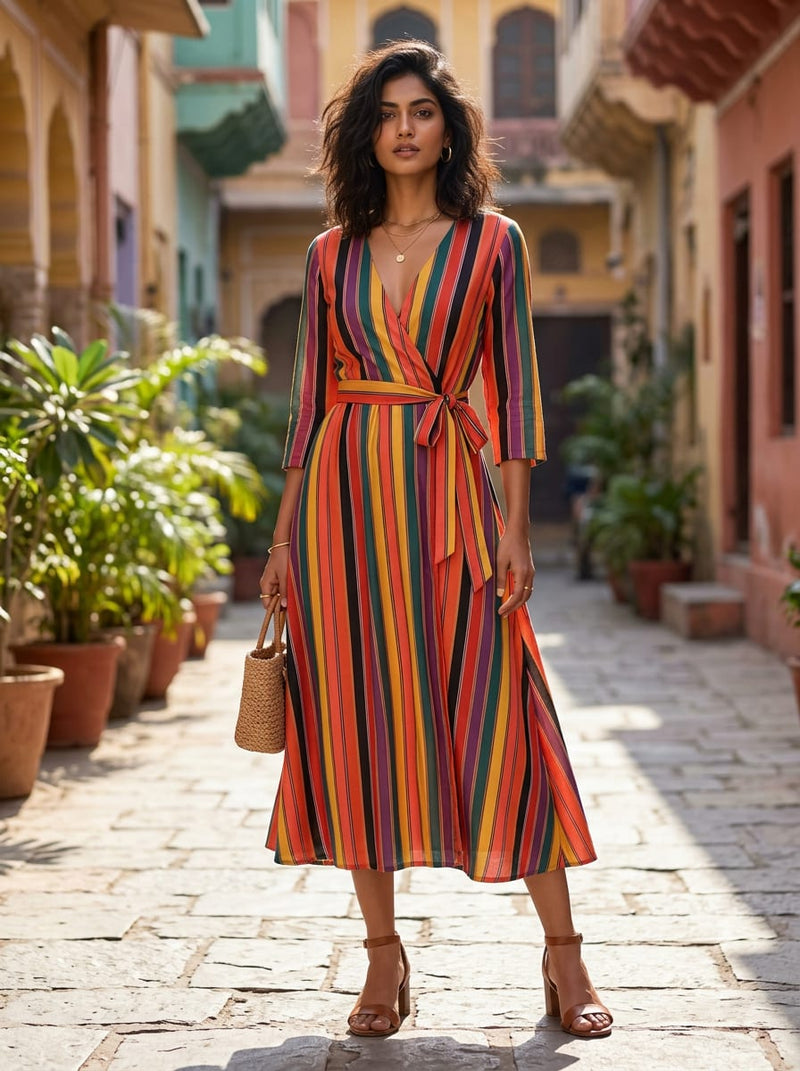 Multicolor Vibrant Multicolor Stripes Tusser Silk Digital Printed Fabric