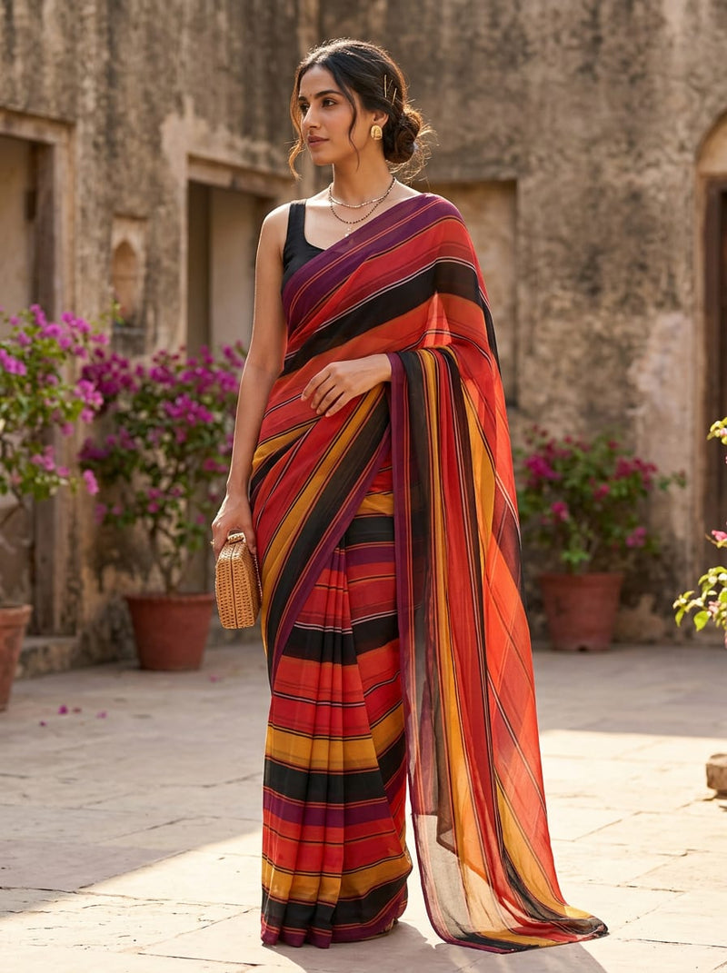 Multicolor Vibrant Striped Pattern Pure Georgette Digital Printed Fabric