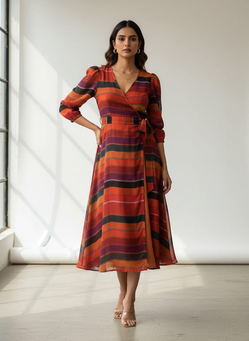 Tiny Serpentine Stripes Pattern Digital Printed Fabric - Pure Georgette