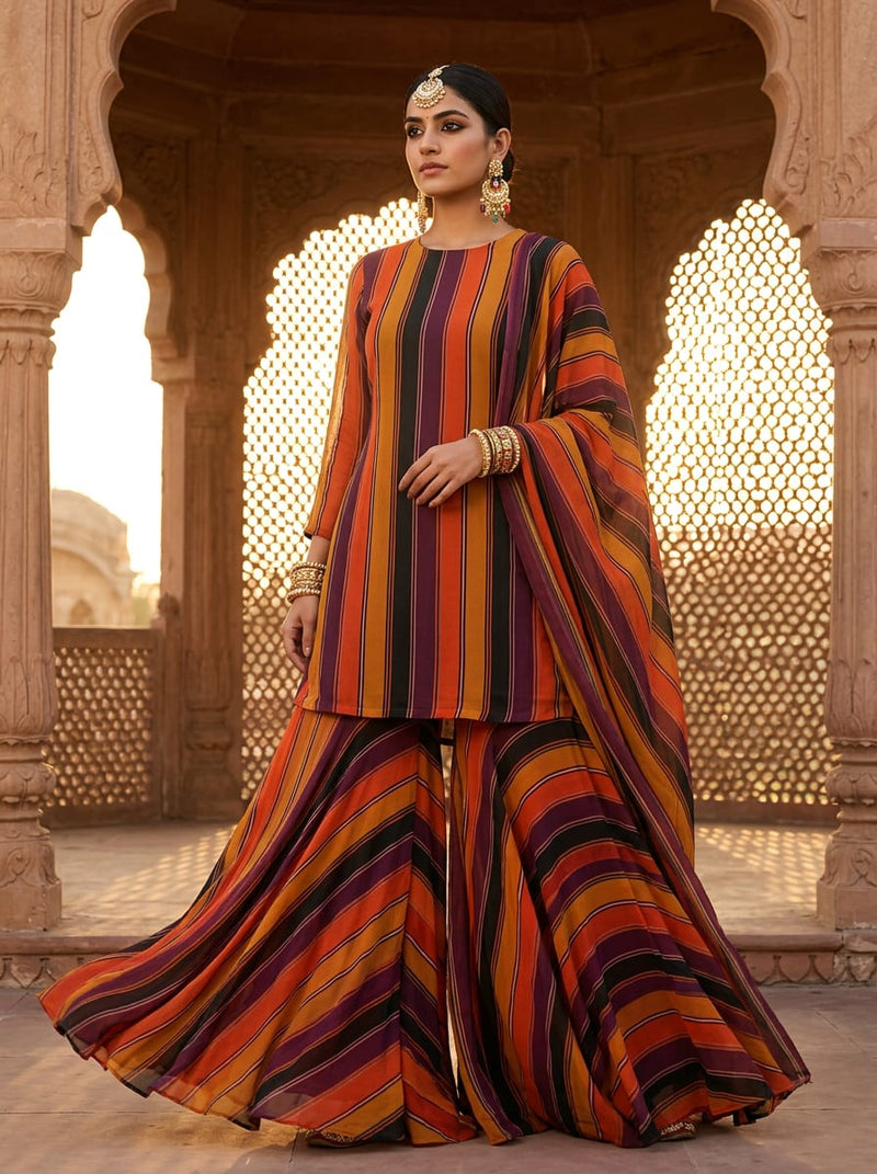 Multicolor Vibrant Striped Pattern Pure Georgette Digital Printed Fabric
