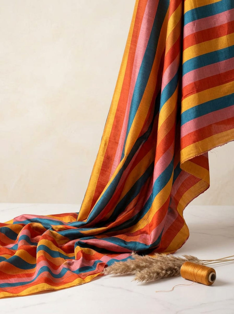 Multicolor Striped Pattern Tusser Silk Digital Printed Fabric