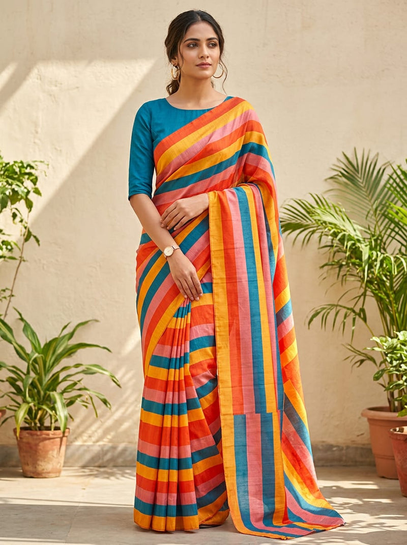 Multicolor Striped Pattern Tusser Silk Digital Printed Fabric