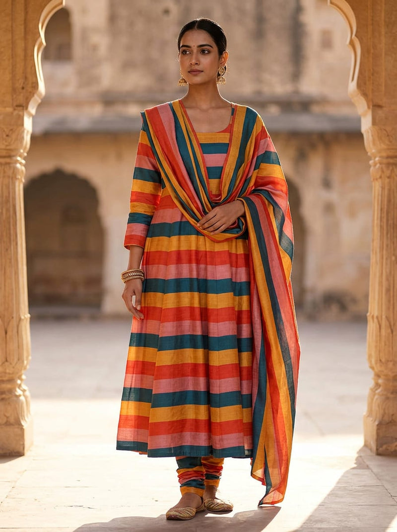 Multicolor Striped Pattern Tusser Silk Digital Printed Fabric