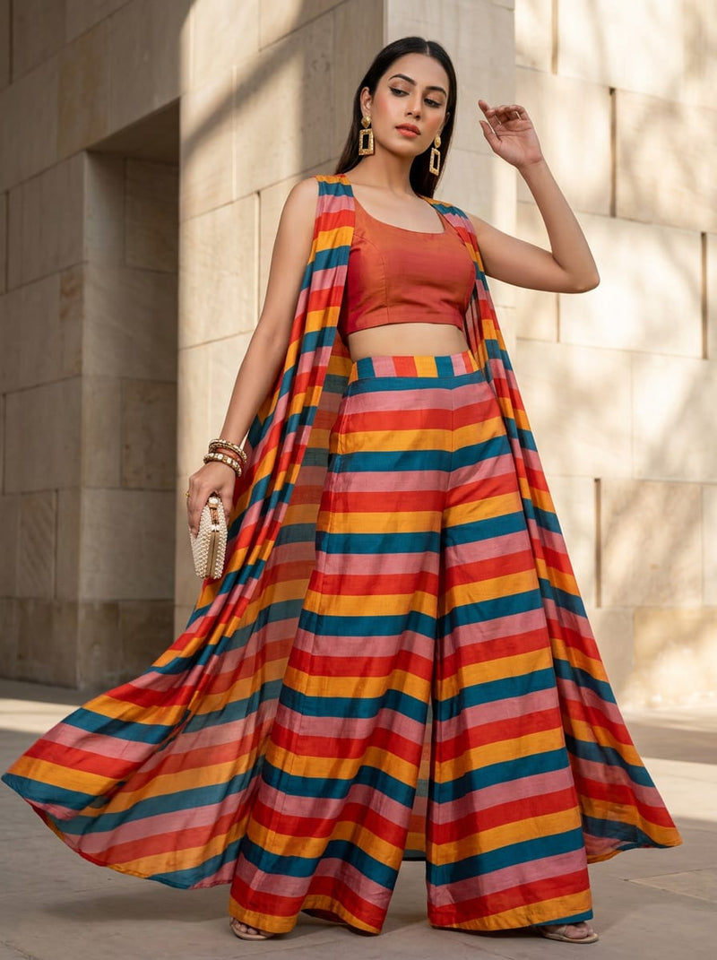 Multicolor Striped Pattern Tusser Silk Digital Printed Fabric