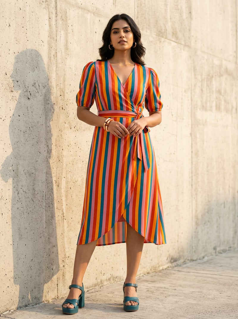 Multicolor Bold Retro Vertical Stripes Weightless Digital Printed Fabric