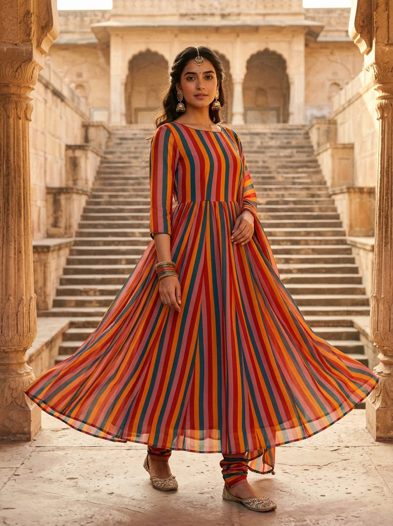 Multicolor Bold Retro Vertical Stripes Weightless Digital Printed Fabric