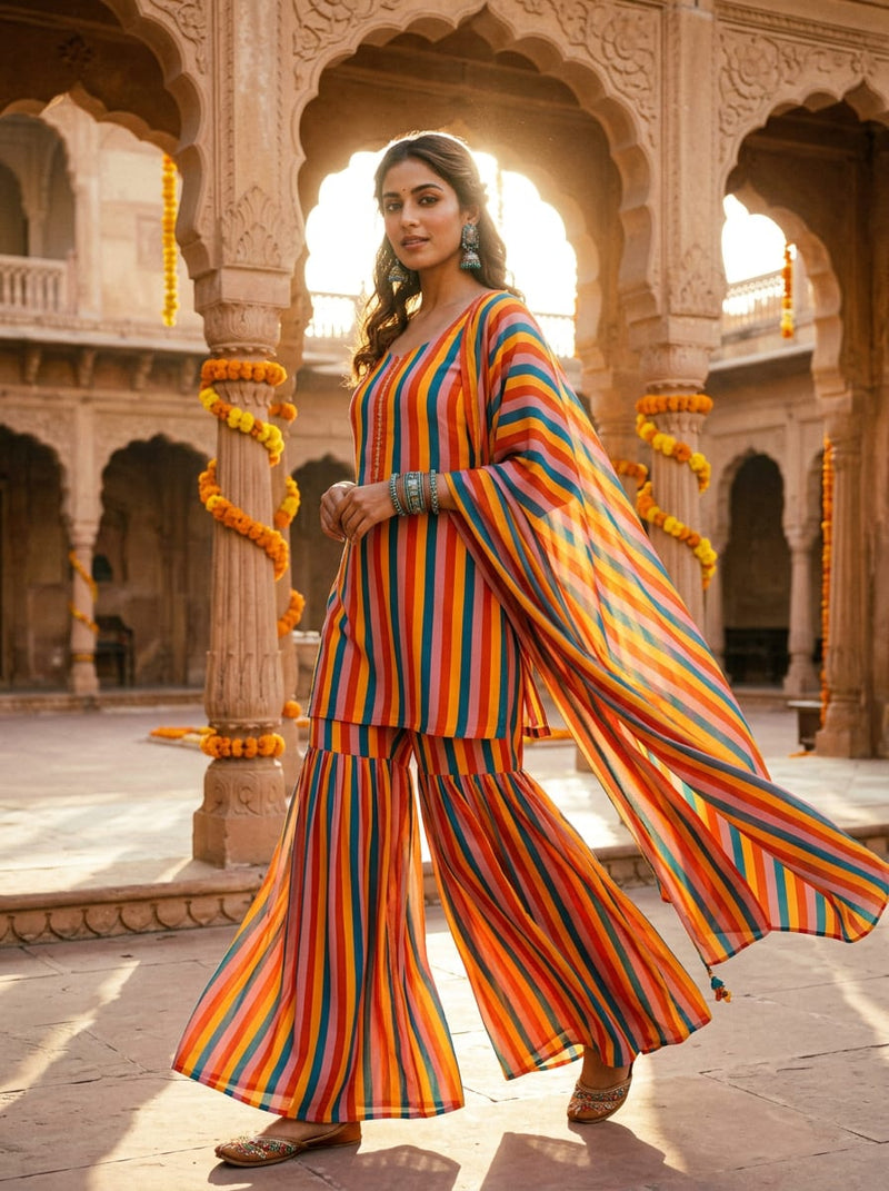 Multicolor Bold Retro Vertical Stripes Weightless Digital Printed Fabric