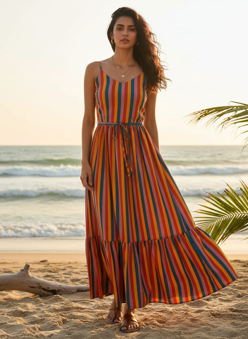 Multicolor Bold Retro Vertical Stripes Weightless Digital Printed Fabric