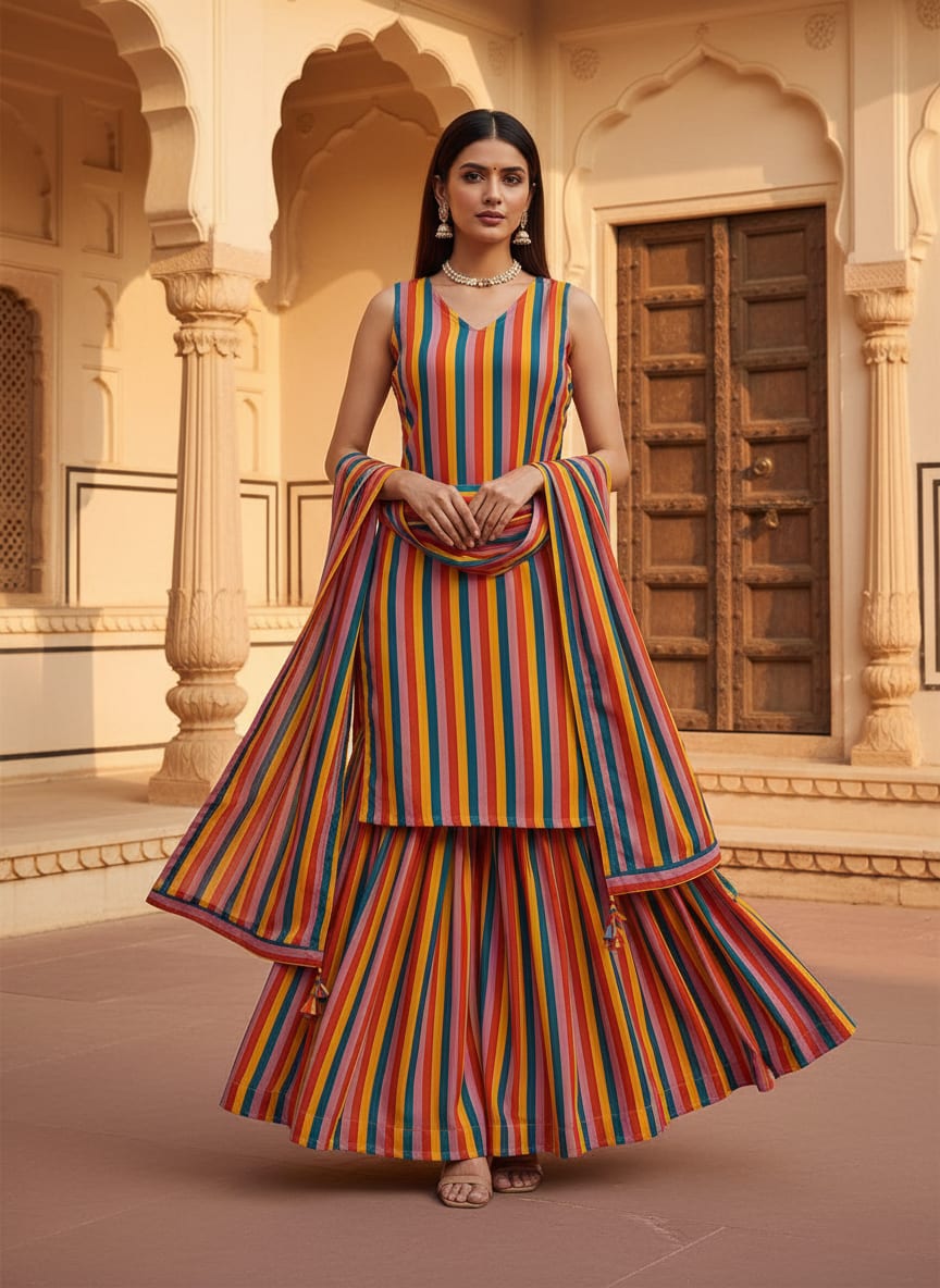 Multicolor Colorful Retro Vertical Stripes Pure Georgette Digital Printed Fabric