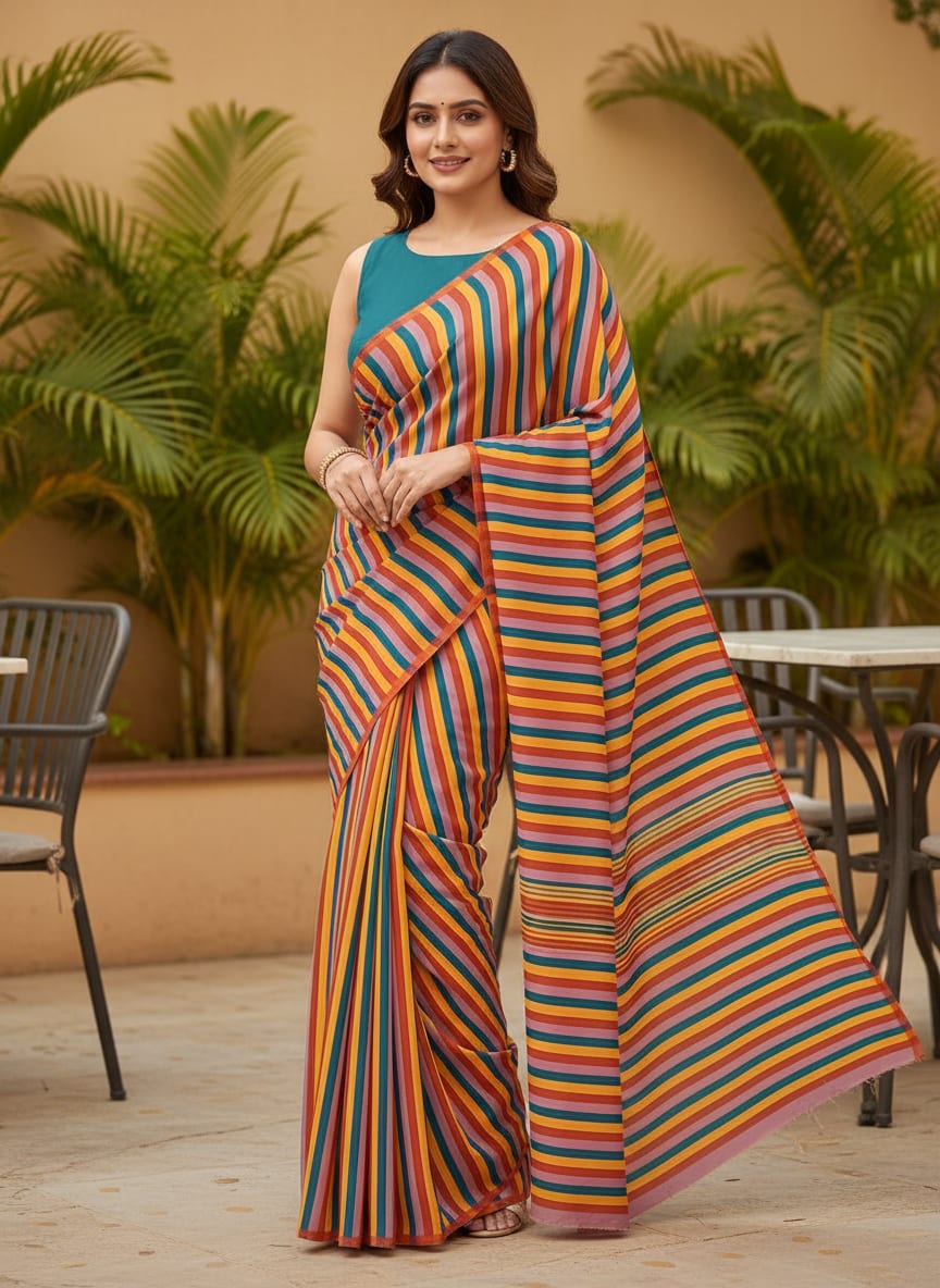 Multicolor Colorful Retro Vertical Stripes Pure Georgette Digital Printed Fabric