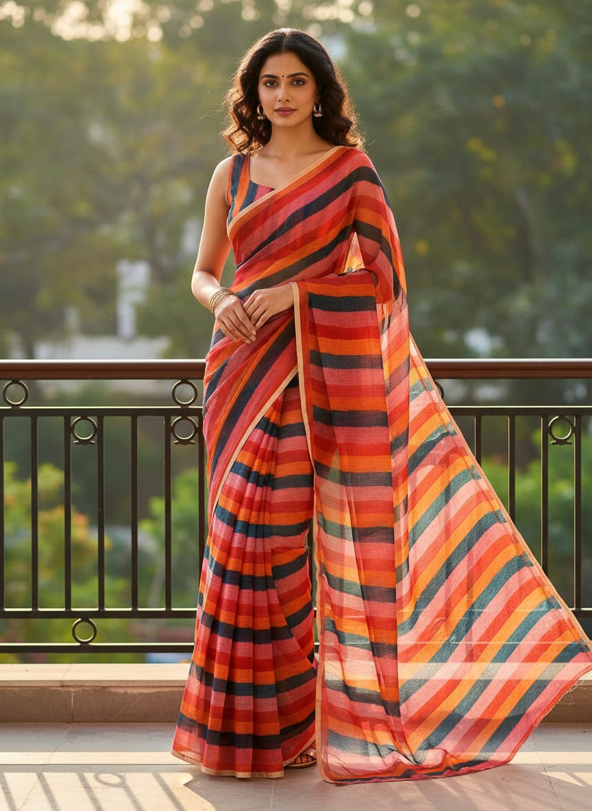 Rainbow Colourful Breton Stripes Digital Printed Fabric - Pure Chiffon