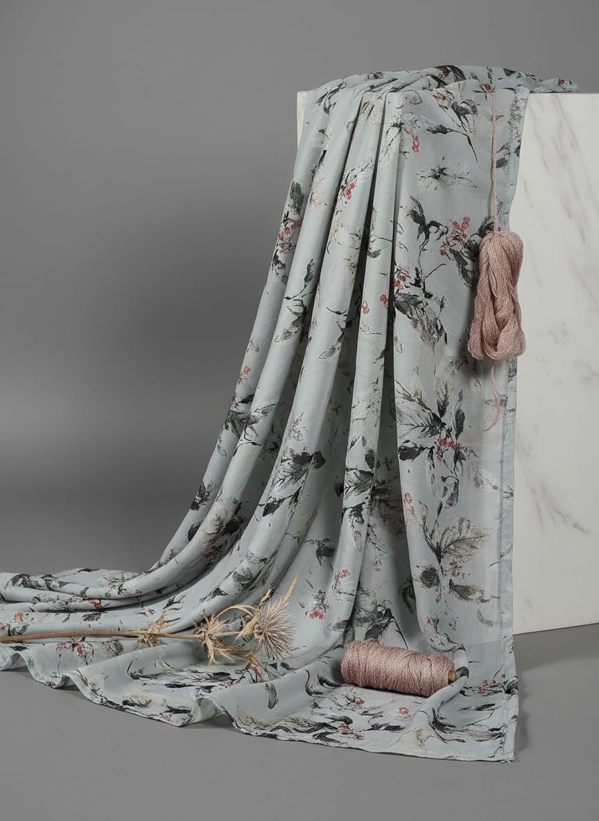 Grey Watercolor Botanical Leaf Print Muslin Digital Printed Fabric