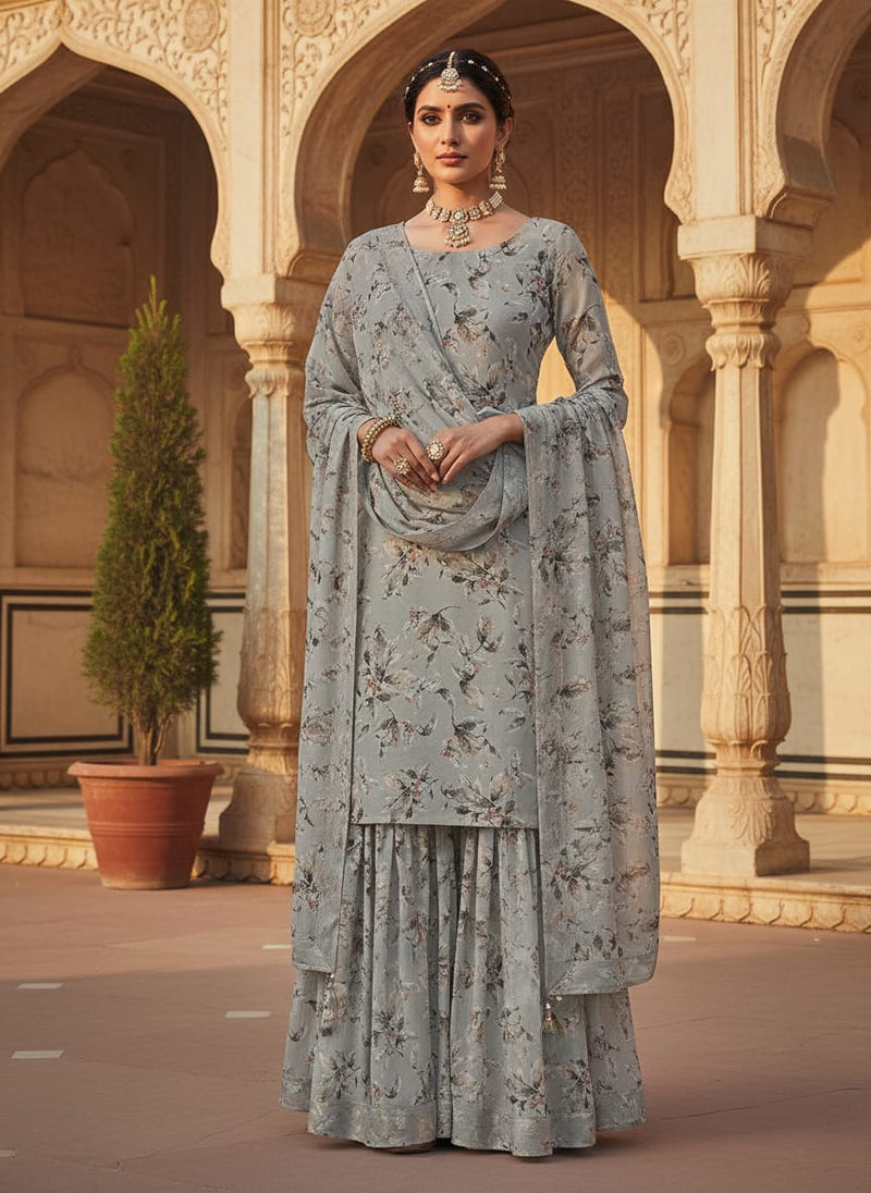 Royal Vintage Greyish Leafs Digital Printed Fabric - Pure Georgette
