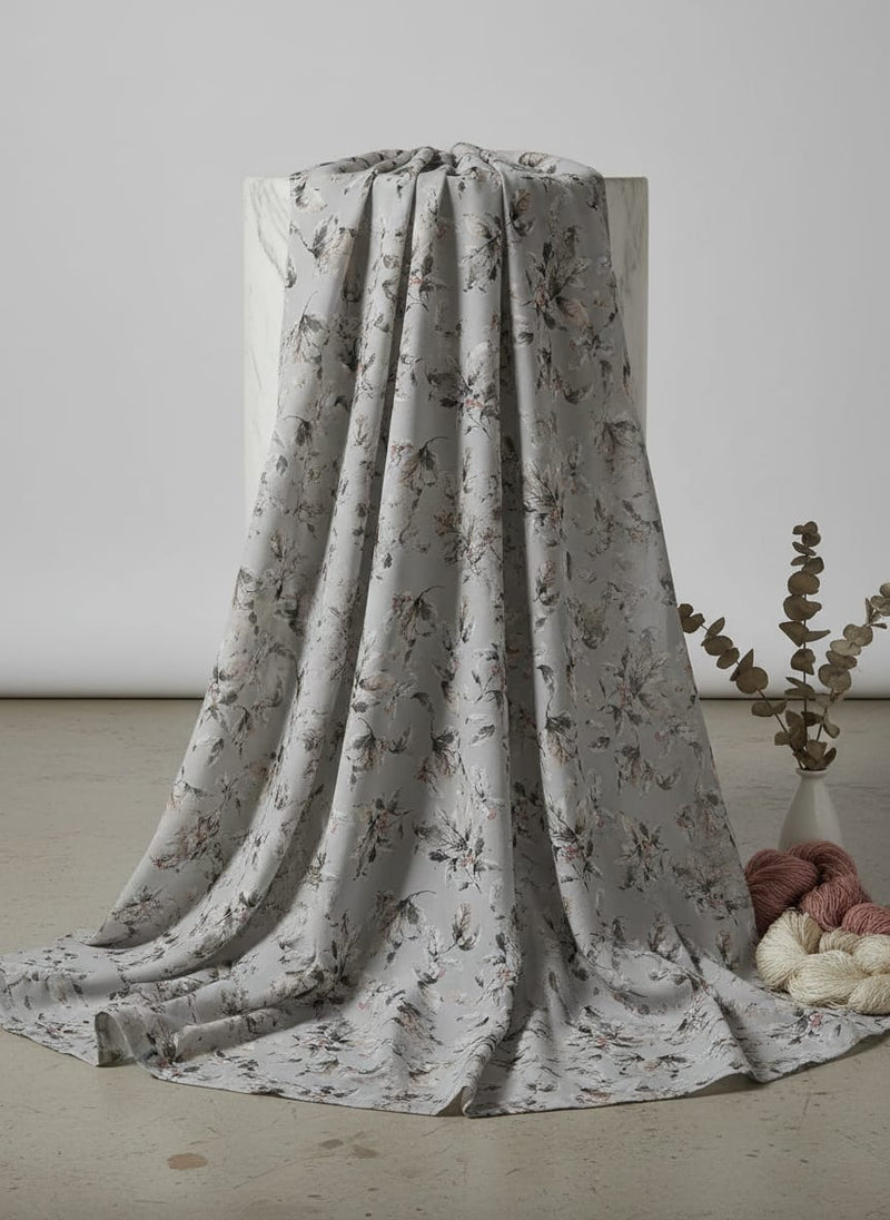 Grey Muted Botanical Leaf Print Pure Georgette Digital Printed Fabric