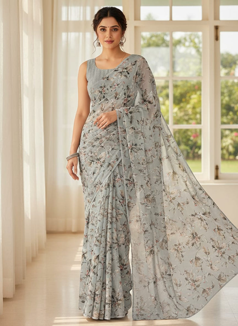 Royal Vintage Greyish Leafs Digital Printed Fabric - Pure Georgette