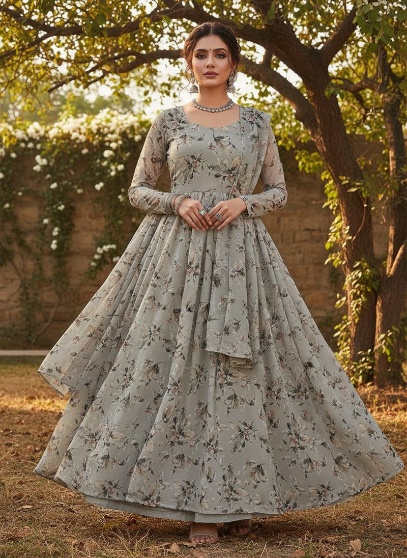 Royal Vintage Greyish Leafs Digital Printed Fabric - Pure Georgette