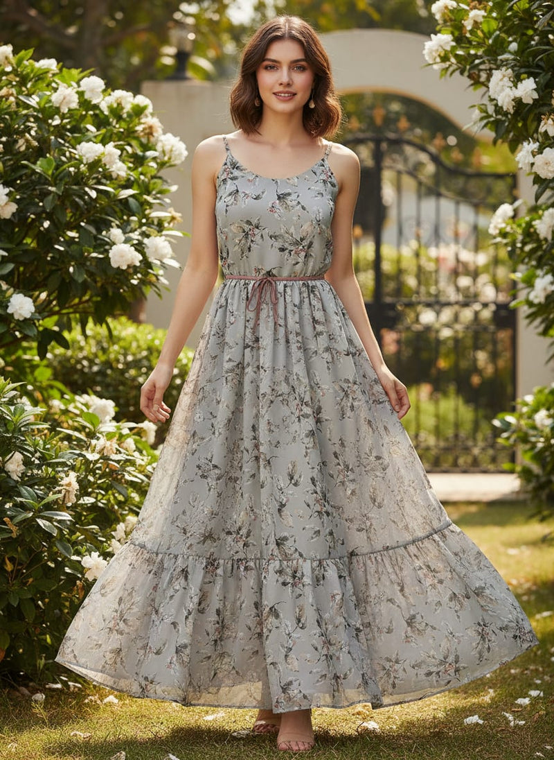 Royal Vintage Greyish Leafs Digital Printed Fabric - Pure Chiffon