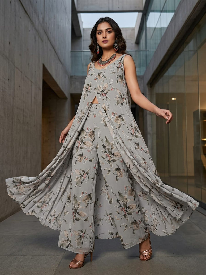 Grey Watercolour Botanical Leaves Pure Chiffon Digital Printed Fabric