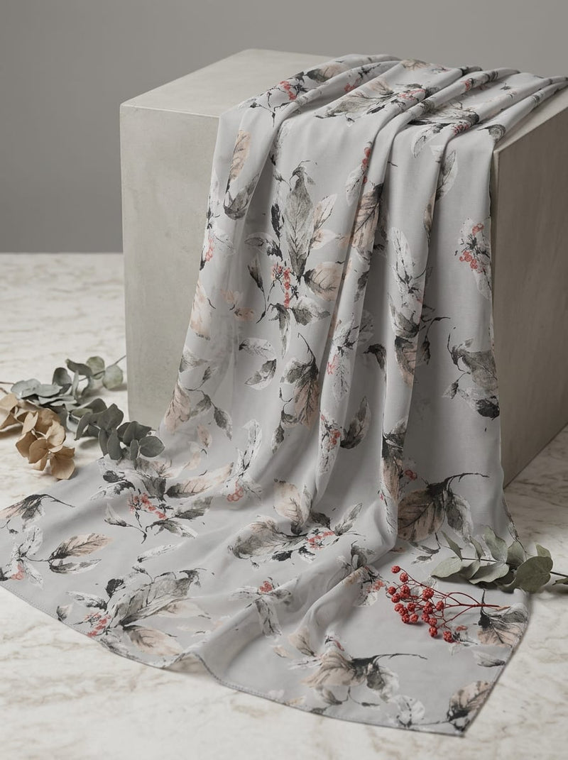 Grey Watercolour Botanical Leaves Pure Chiffon Digital Printed Fabric