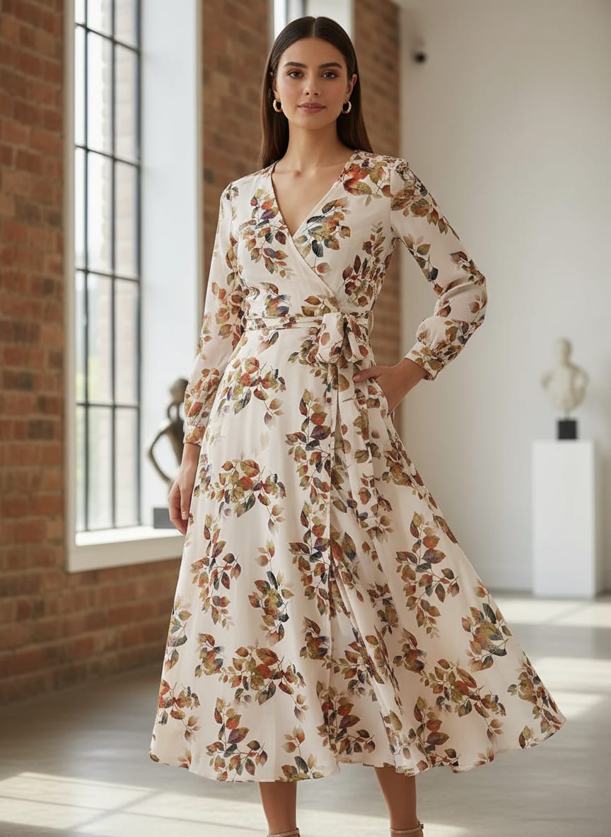 Lovely Small Goat Willow Leafs Digital Printed Fabric - Pure Georgette