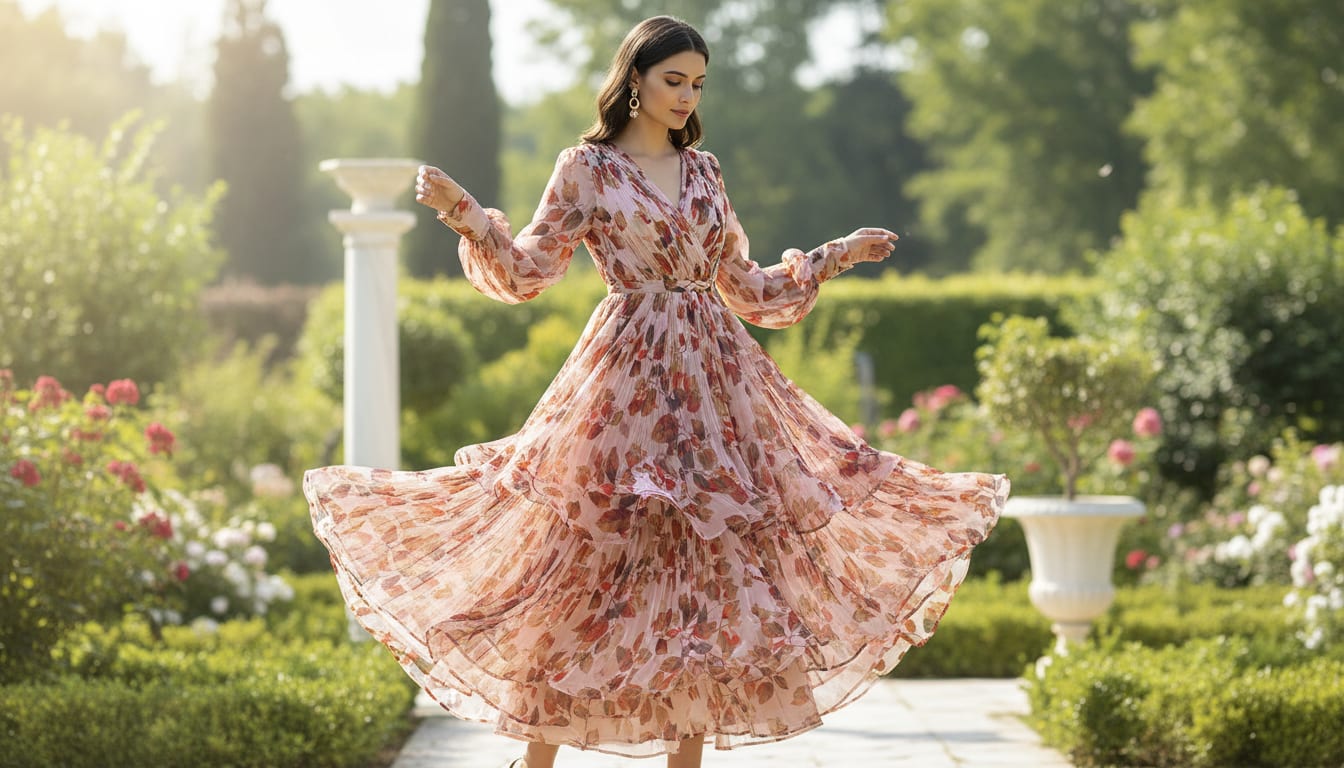 Lovely Small Goat Willow Leafs Digital Printed Fabric - Pure Chiffon