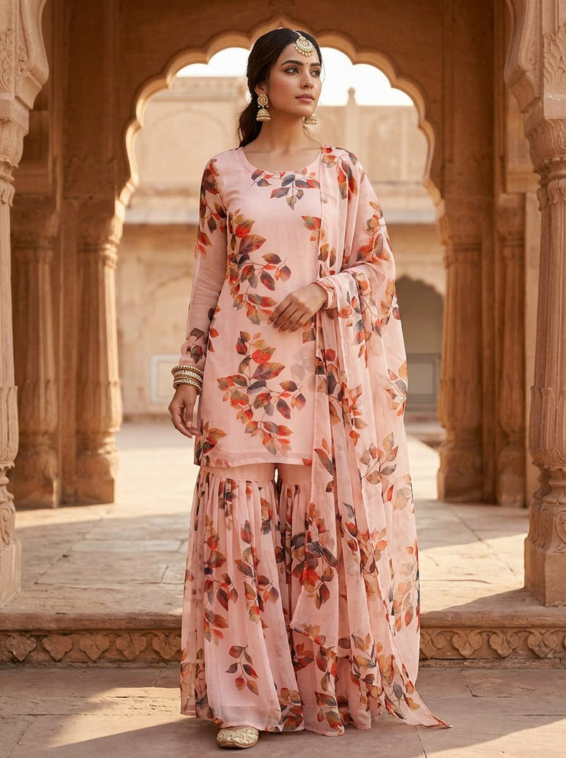 Peach Watercolor Autumnal Leaves Pure Chiffon Digital Printed Fabric