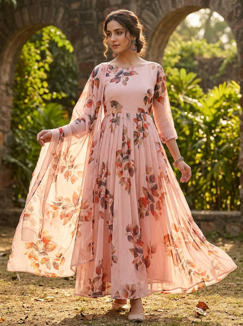 Peach Watercolor Autumnal Leaves Pure Chiffon Digital Printed Fabric