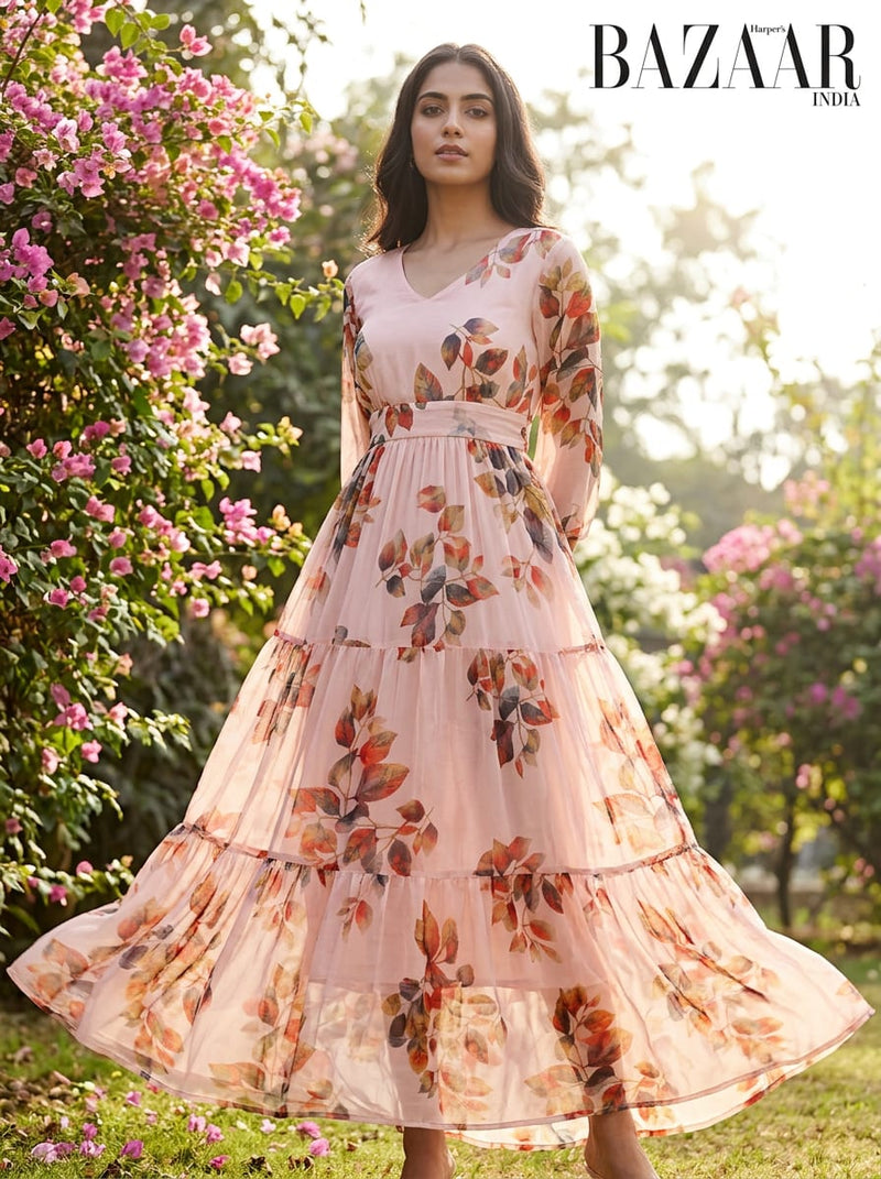 Peach Watercolor Autumnal Leaves Pure Chiffon Digital Printed Fabric