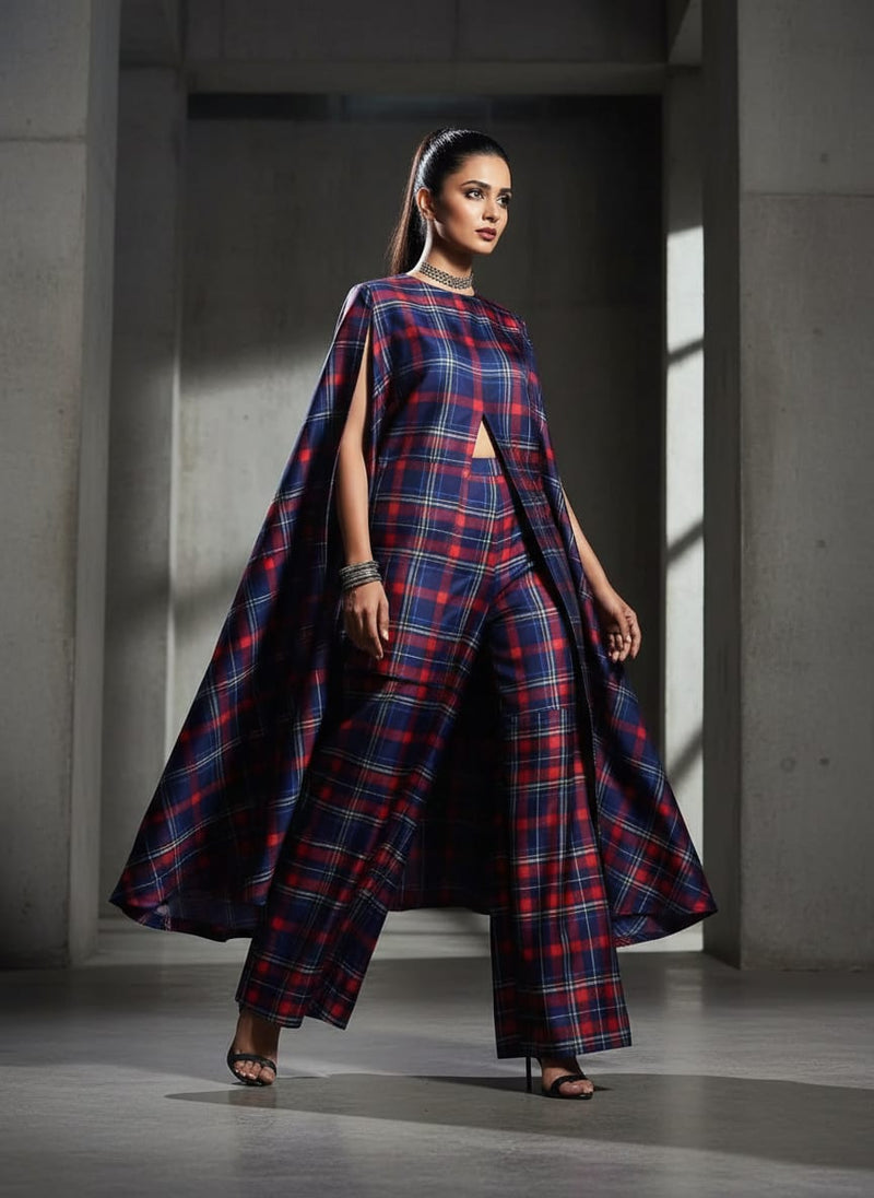 Gingham Pattern With Red And Blue Colour Digital Printed Fabric - Japan Satin