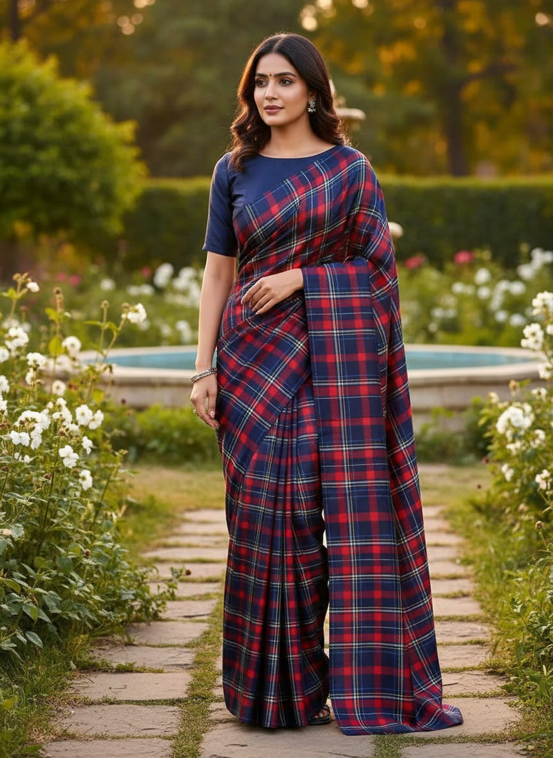 Gingham Pattern With Red And Blue Colour Digital Printed Fabric - Japan Satin