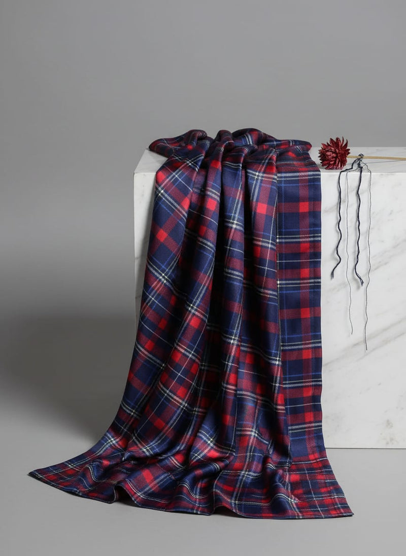 Gingham Pattern With Red And Blue Colour Digital Printed Fabric - Japan Satin
